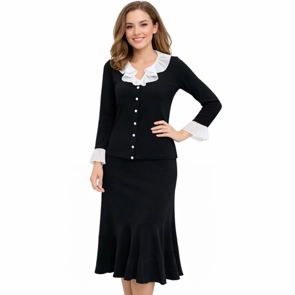 Joseph Ribkoff Dresses & Skirts - Joseph Ribkoff Black Ruffle Collar Top Sz 4 Trumpet Skirt Sz 8 2pc Set Chic